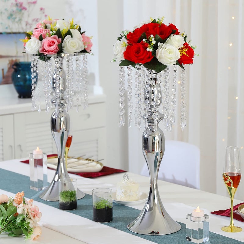Lovecat Metal Wedding Centerpieces for Table, Crystal Flower Stands, Wedding Road Lead Flower Holders, Crystal Mermaid Chandelier Flower Vases for Birthday Party Event Wedding Home Decor (Silver, 21.3"-2pcs) - Image 2
